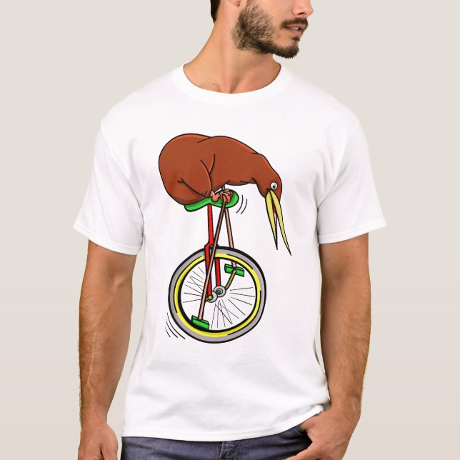 Kiwi Riding A Unicycle Peddling With Long Poles T-Shirt (Front)