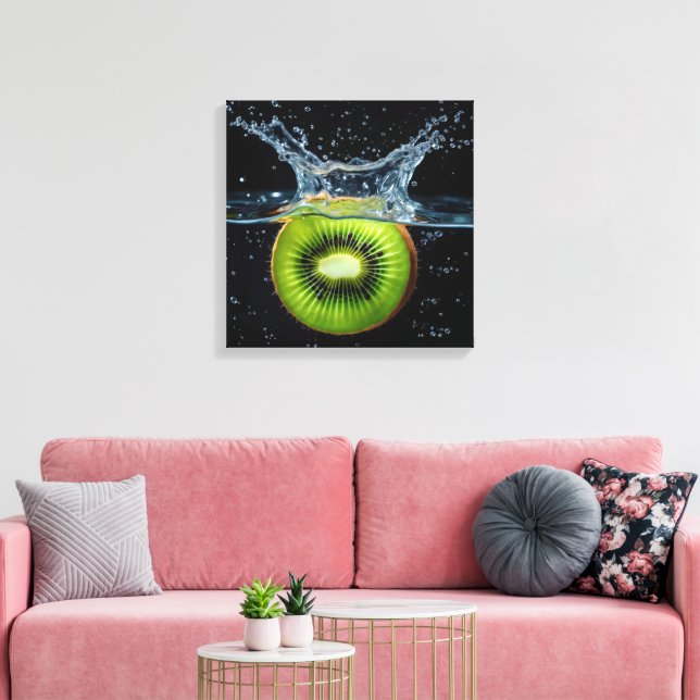 Kiwi Slice Splashing Into Water Canvas Print (Insitu(LivingRoom))
