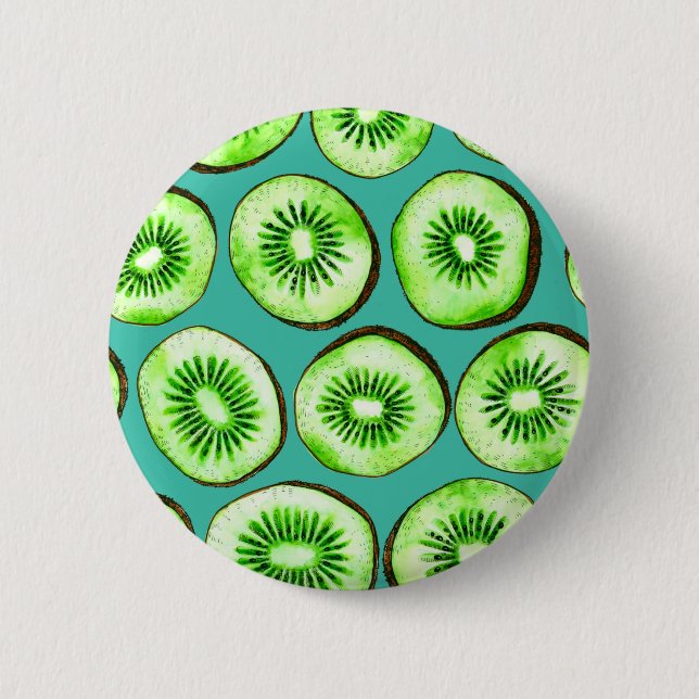 Kiwi slices on turquoise 6 cm round badge (Front)