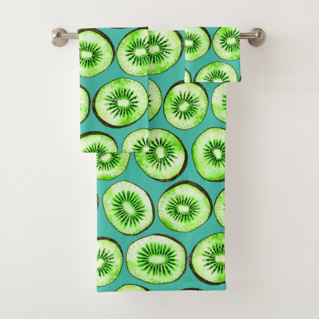Kiwi slices on turquoise bath towel set (Insitu)