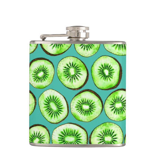 Kiwi slices on turquoise hip flask (Front)