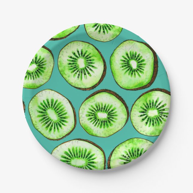 Kiwi slices on turquoise paper plate (Front)