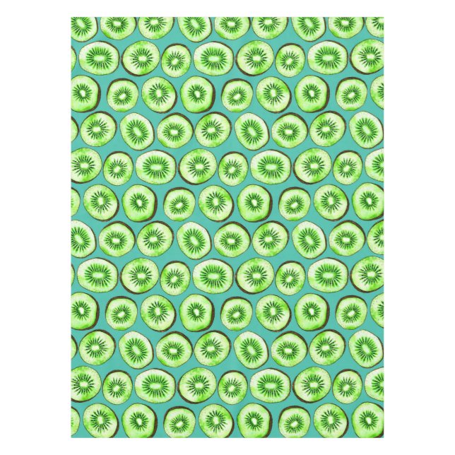 Kiwi slices on turquoise tablecloth (Front)