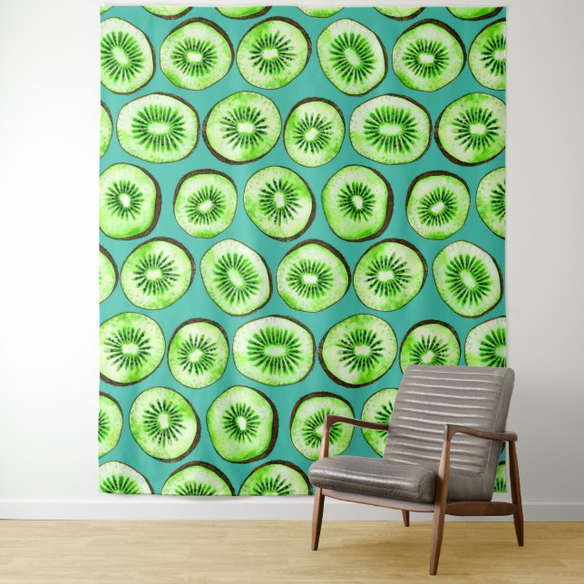 Kiwi slices on turquoise tapestry (In Situ)