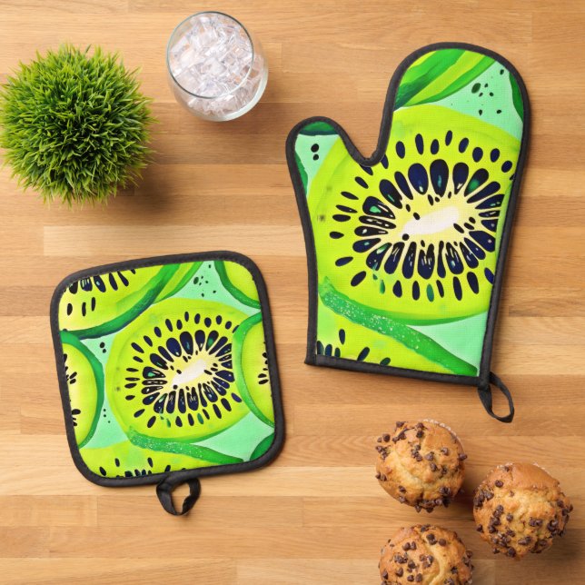 Kiwi Slices: Vibrant and Fresh Oven Mitt & Pot Holder Set (Top Down)