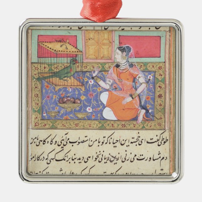 Kjujista, the Merchant's Wife, talking to a Parrot Metal Tree Decoration (Front)