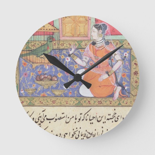 Kjujista, the Merchant's Wife, talking to a Parrot Round Clock (Front)