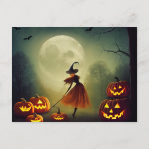 Kleine Hexe tanzt zwischen Halloween Kürbissen Postcard