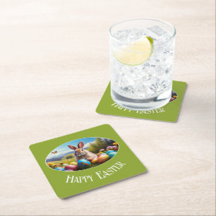 Kleiner Osterhase in Landschaft, oval - Square Paper Coaster