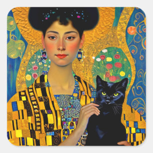 Klimptesque Woman and Black Cat Square Sticker