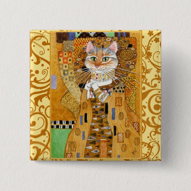 Klimt Cat in Gold square pinback 15 Cm Square Badge (Front)