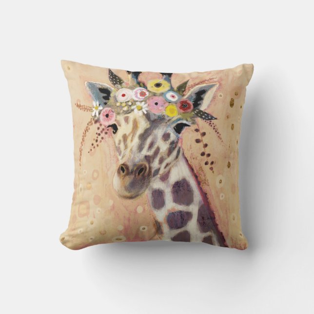Klimt Giraffe | Adorned In Flowers Cushion (Front)