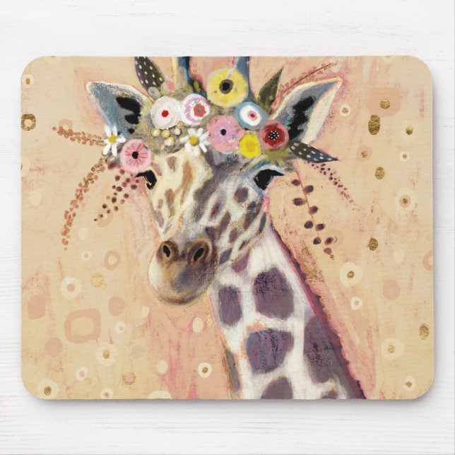 Klimt Giraffe | Adorned In Flowers Mouse Mat (Front)