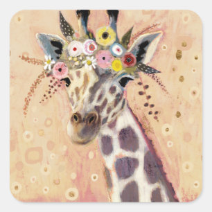 Klimt Giraffe   Adorned In Flowers Square Sticker