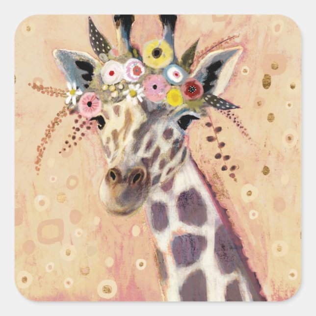 Klimt Giraffe | Adorned In Flowers Square Sticker (Front)