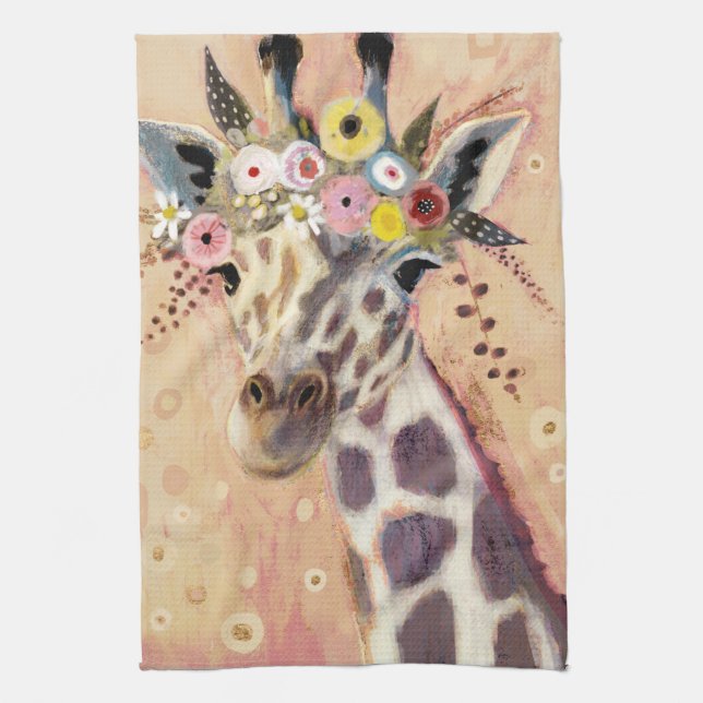 Klimt Giraffe | Adorned In Flowers Tea Towel (Vertical)