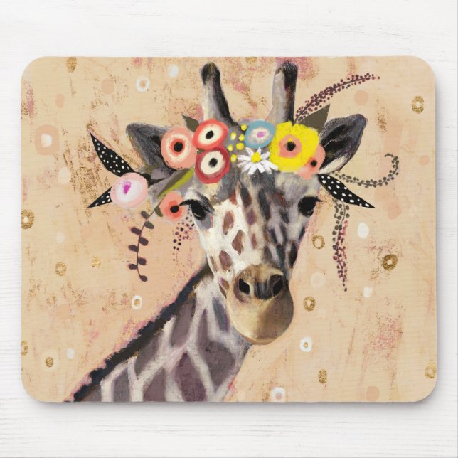 Klimt Giraffe | Crown Of Flowers Mouse Mat (Front)