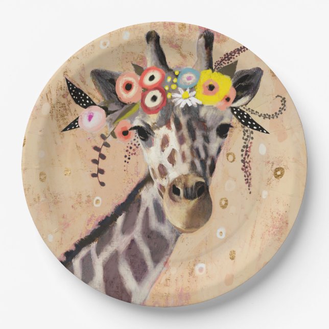 Klimt Giraffe | Crown Of Flowers Paper Plate (Front)