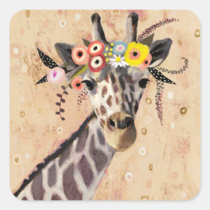 Klimt Giraffe   Crown Of Flowers Square Sticker