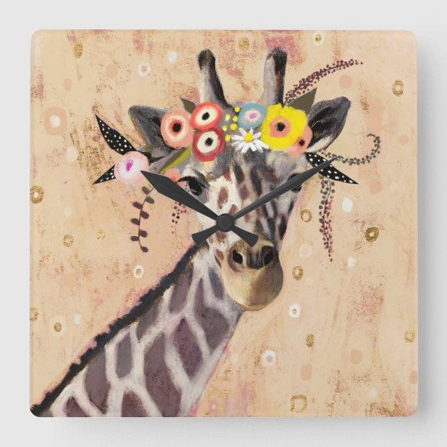 Klimt Giraffe | Crown Of Flowers Square Wall Clock (Front)