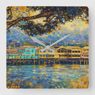 Klimt-inspired Golden Monterey Harbor Dreams Square Wall Clock