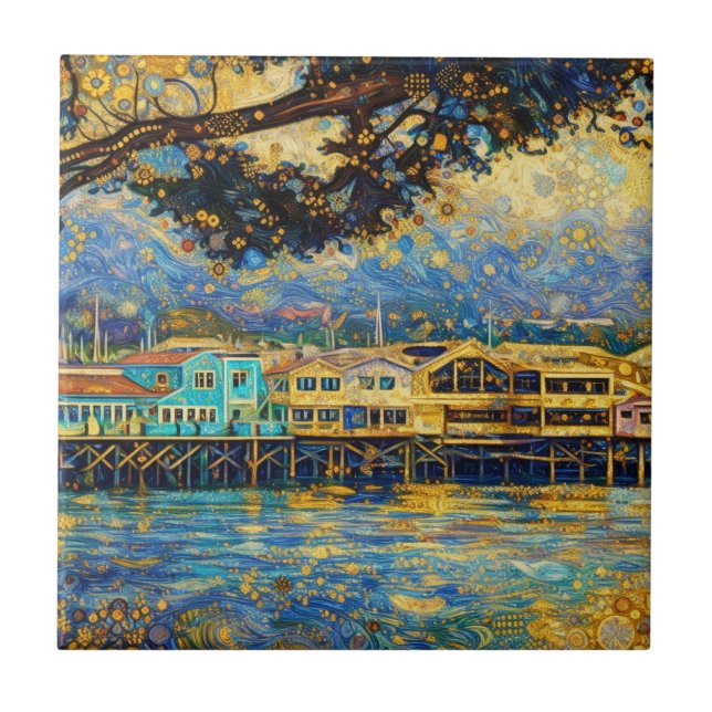 Klimt-inspired Golden Monterey Harbor Dreams Tile (Front)