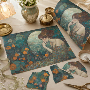 Klimt-Inspired Moon Blossom Art Nouveau Decoupage Wrapping Paper Sheet