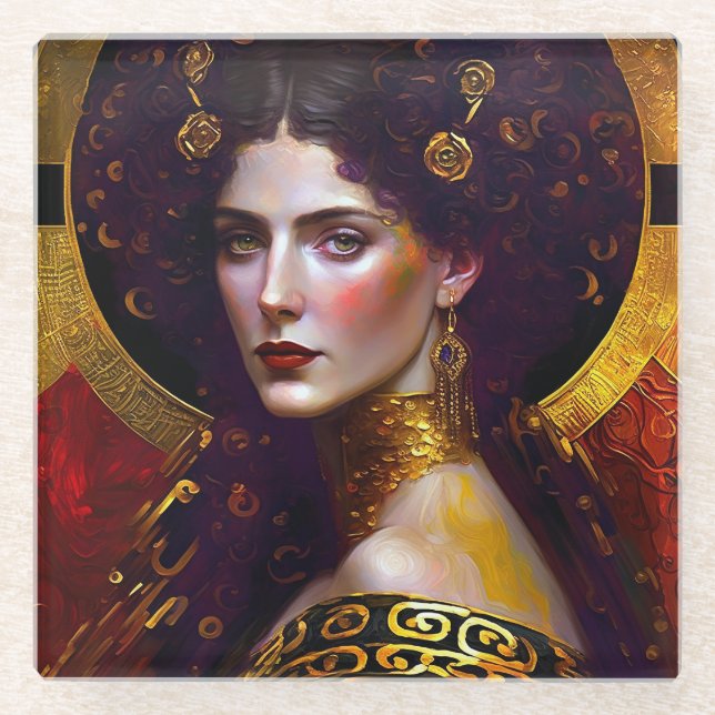Klimt Inspired Queen Goddess Glass Coaster (Front)