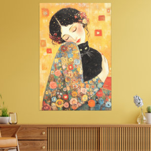 Klimt-Inspired Woman and Cat Canvas Print