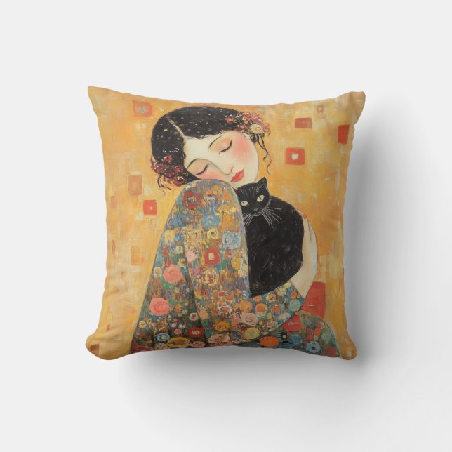 Klimt-Inspired Woman and Cat Cushion (Front)