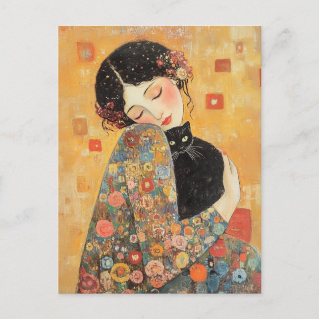 Klimt-Inspired Woman and Cat Postcard (Front)