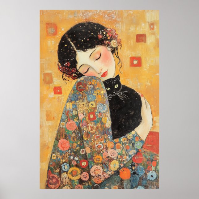 Klimt-Inspired Woman and Cat Poster (Front)