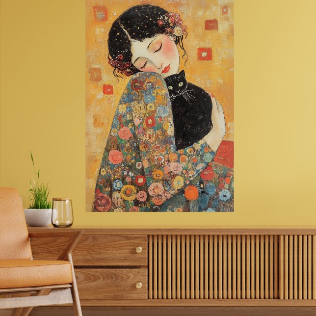 Klimt-Inspired Woman and Cat Poster (Living Room 2)