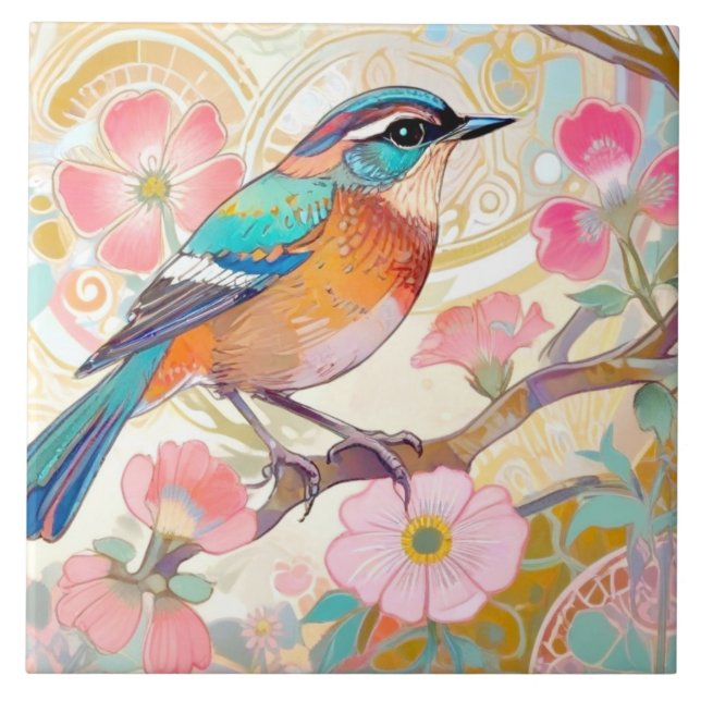 Klimt Oriental Asian Art Nouveau Inspo Floral Bird Tile (Front)