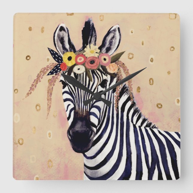 Klimt Zebra | Adorned In Flowers Square Wall Clock (Front)