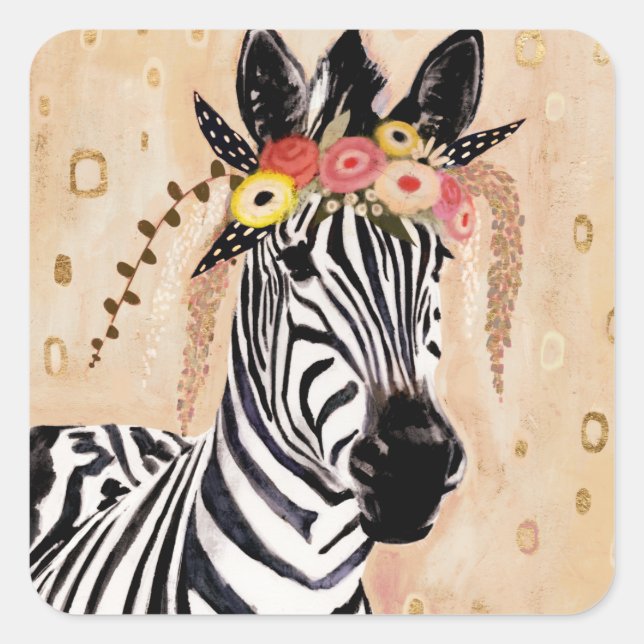Klimt Zebra | Crown Of Flowers Square Sticker (Front)