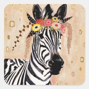 Klimt Zebra   Crown Of Flowers Square Sticker