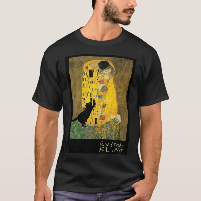 klimts the kiss with cat added funny retro T-Shirt (Front)