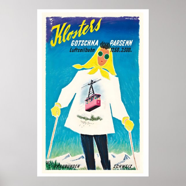 Klosters Gotschna Parsenn Luftseilbahn Vintage Ski Poster (Front)