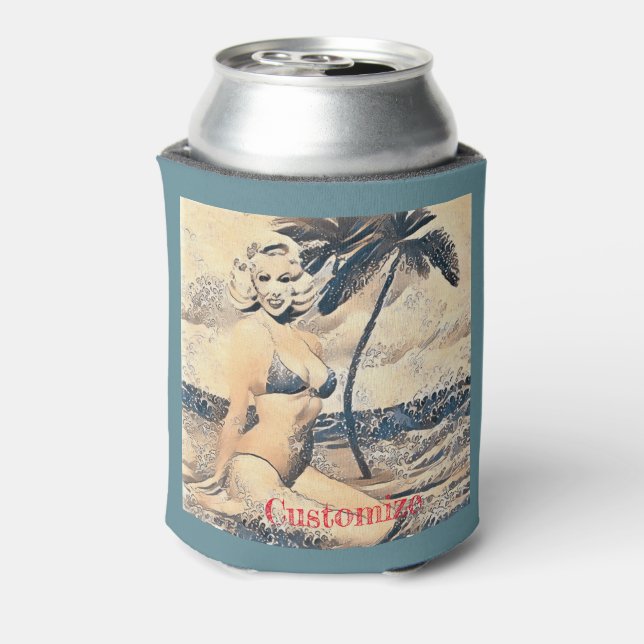 Kneeling Blonde Bikini Model Thunder_Cove Can Cooler (Can Back)
