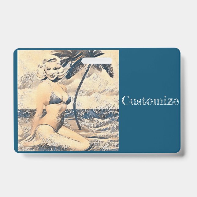 Kneeling Blonde Bikini Model Thunder_Cove ID Badge (Front)