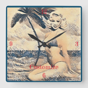 Kneeling Blonde Bikini Model Thunder_Cove Square Wall Clock