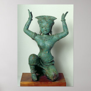 Kneeling feminine figure used to support a poster