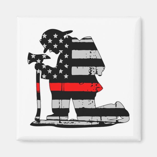 Kneeling Firefighter Thin Red Line Magnet (Front)