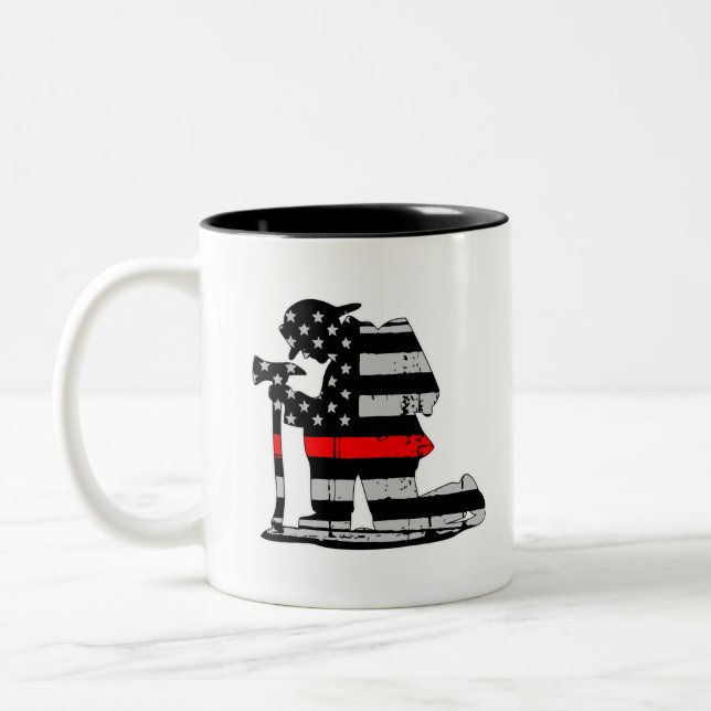 Kneeling Firefighter Thin Red Line Two-Tone Coffee Mug (Left)