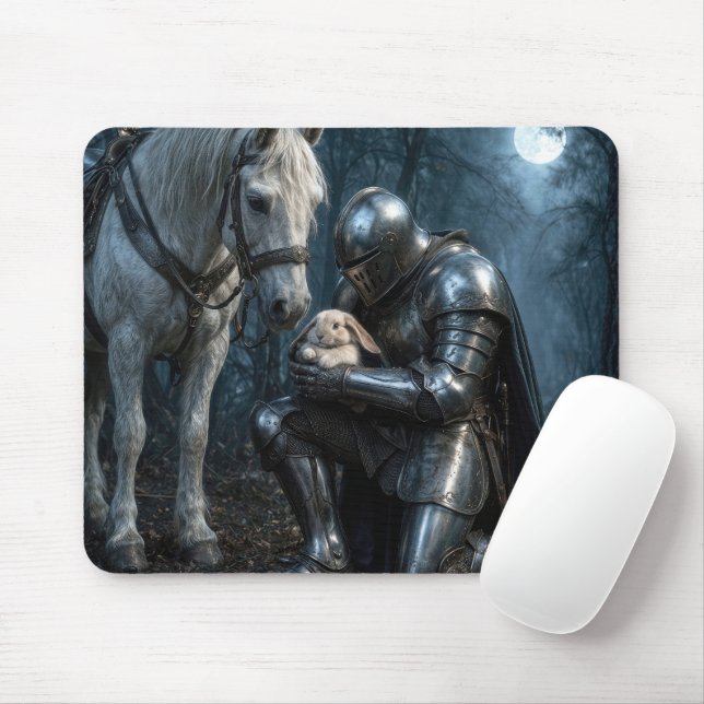 Kneeling Knight Holding a Floppy-eared Rabbit Mouse Mat (With Mouse)