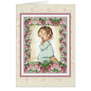 Kneeling praying little girl w/pink roses card