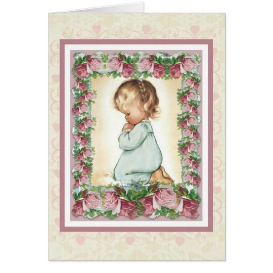Kneeling praying little girl w/pink roses card