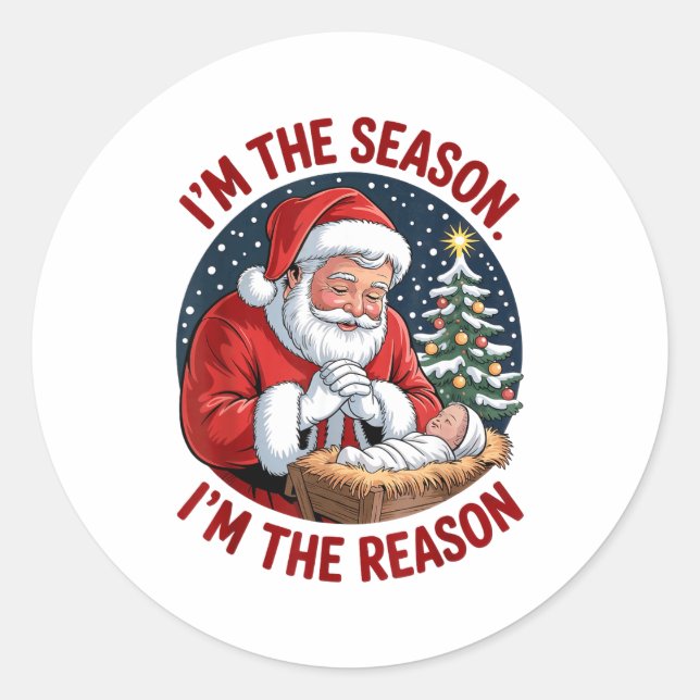 Kneeling Santa Baby Jesus Christmas I'm Season Rea Classic Round Sticker (Front)