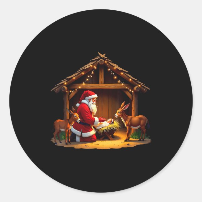 Kneeling Santa Claus &amp; Baby Jesus Merry Christ Classic Round Sticker (Front)